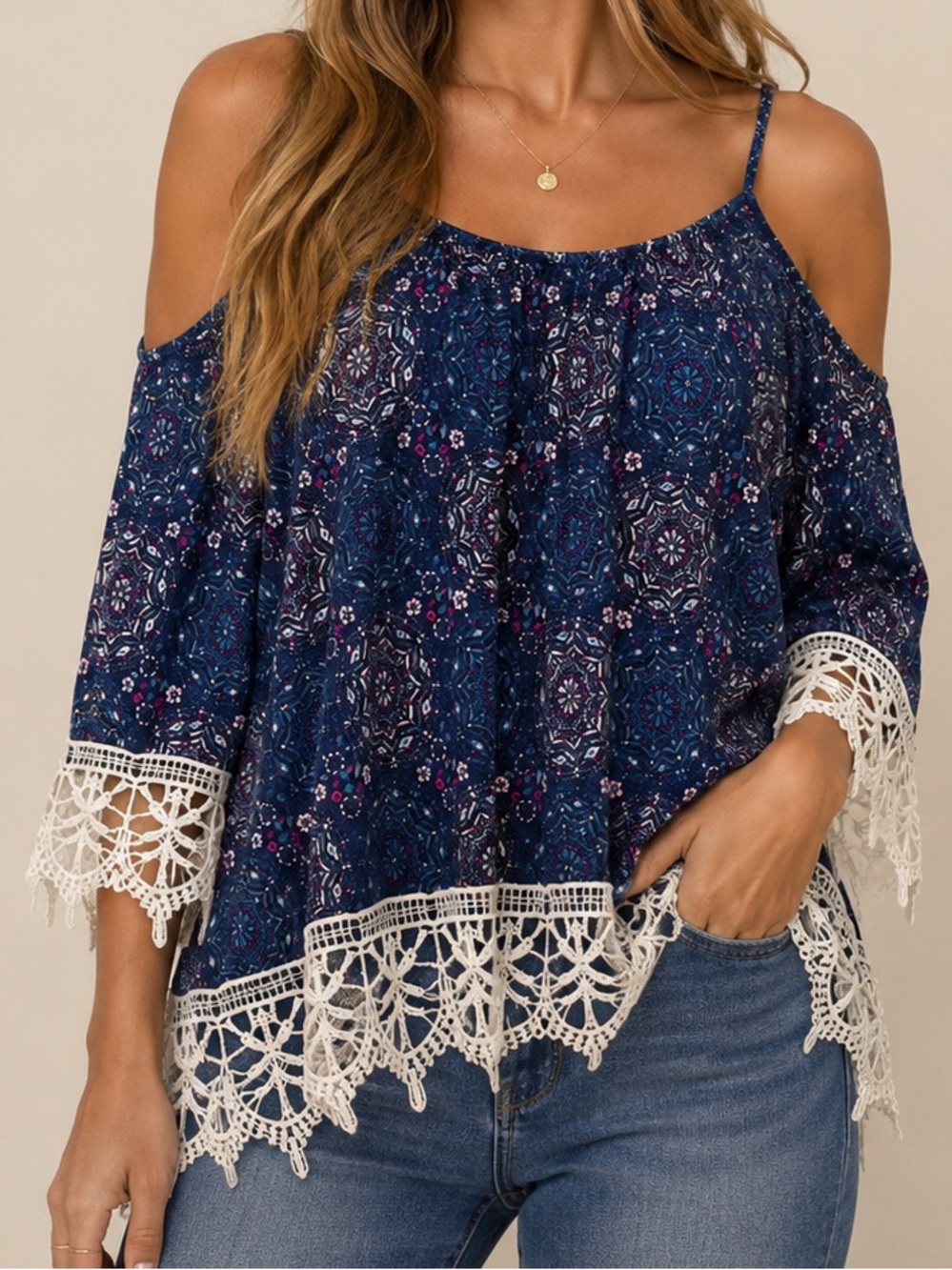 The Haute Project Navy Blue Printed Cold Shoulder Top